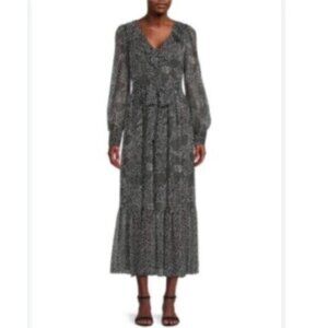 Karl Lagerfeld Paris Black & White Print Belted Maxi Dress